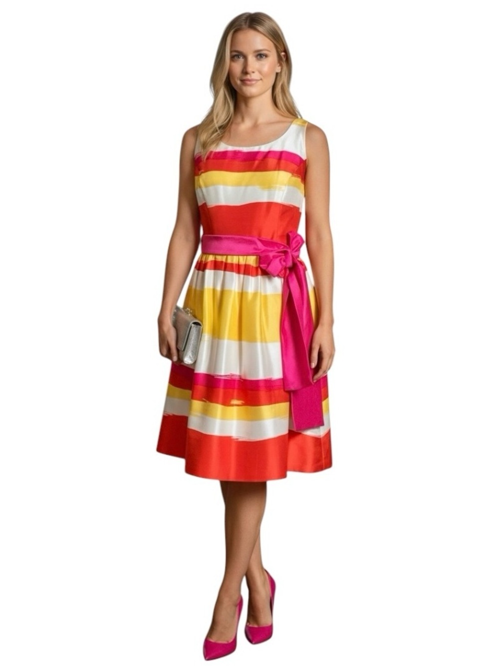Donna Morgan Vtg 100% Silk Sleeveless Fit & Flare Striped Cocktail Party Dress 6